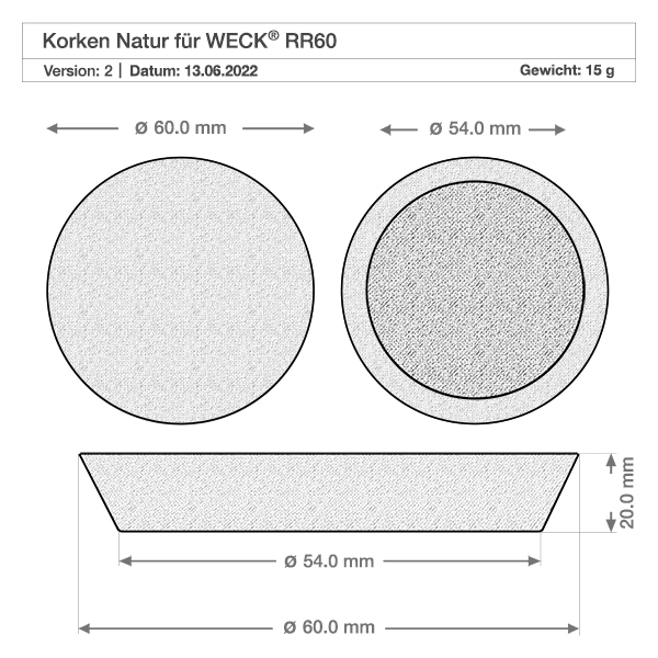 Kurk voor opening 56mm WECK RR60 (ø54/60, H=20mm)