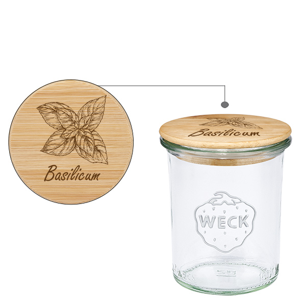 Houten dekselset "Basilicum" met WECK maatbeker 160ml