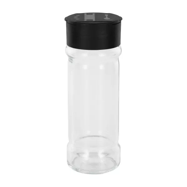 Glazen kruidenpotje cilindervorm 100 ml met 41 mm schroefdraad, helder glas incl. strooi-schroefsluiting zwart