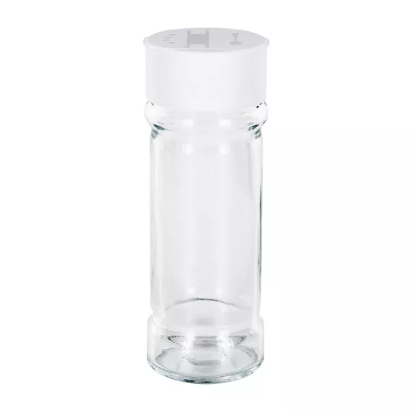 Glazen kruidenpotje cilindervorm 100 ml met 41 mm schroefdraad, helder glas incl. strooi-schroefsluiting wit