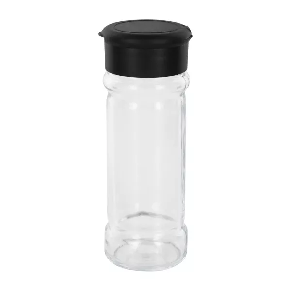 Glazen kruidenpotje cilindervorm 100 ml met 41 mm schroefdraad, helder glas incl. strooi-schroefsluiting zwart