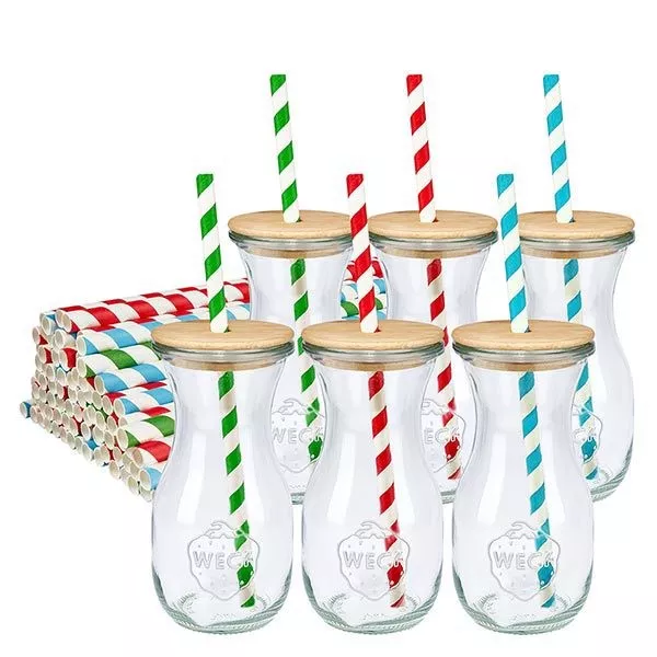 6 x WECK 290 ml sapfles RR60 met houten deksel en 100 ecologische papieren rietjes